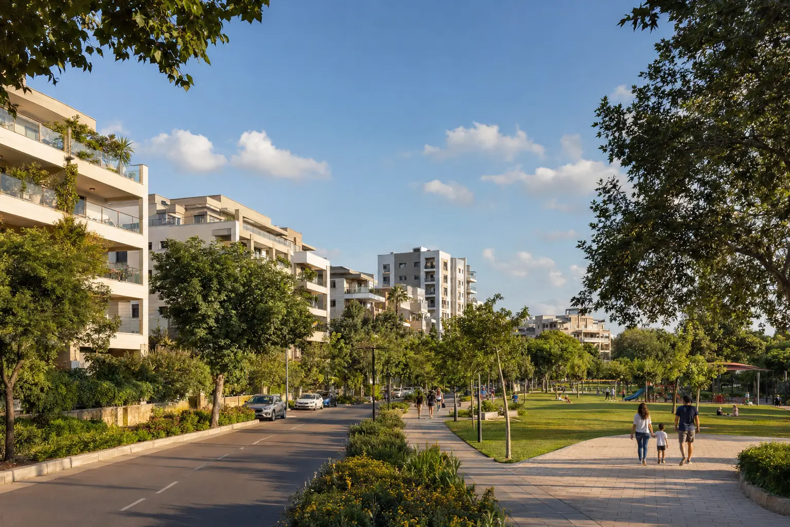 Avenue verte et quartiers familiaux de Kfar Saba en Israël